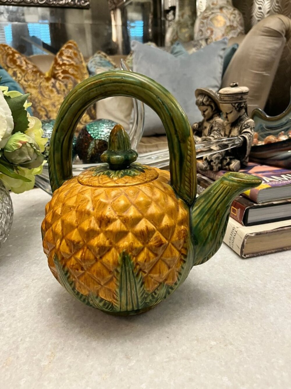 vintage Pivaoni textured pineapple green glazed handle and spout teapot